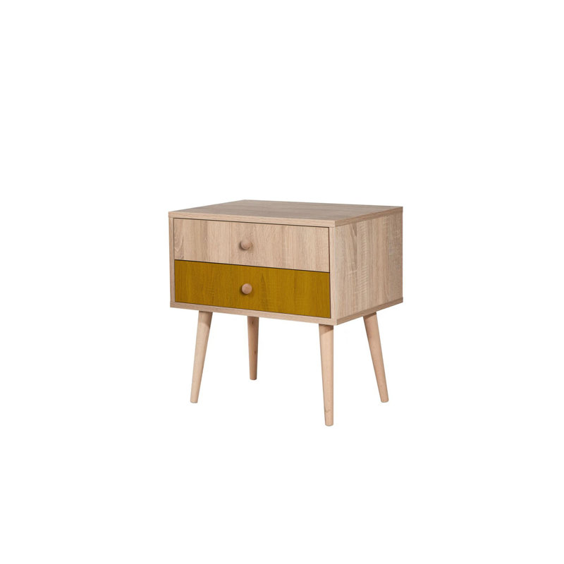 Modern Scandinavian Nightstand with Wooden Legs, 23.6 x 24.0 x 15.7 inches | 100% Melamine Coated Particle Board, UV Digital Printing | Features Multiple Shelves & Wall-Mountable Design for Extra Storage