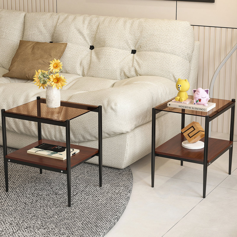Ensemble de 2 tables de bout rectangulaires, plateau en verre trempé avec panneau de fibres à densité moyenne, Brun