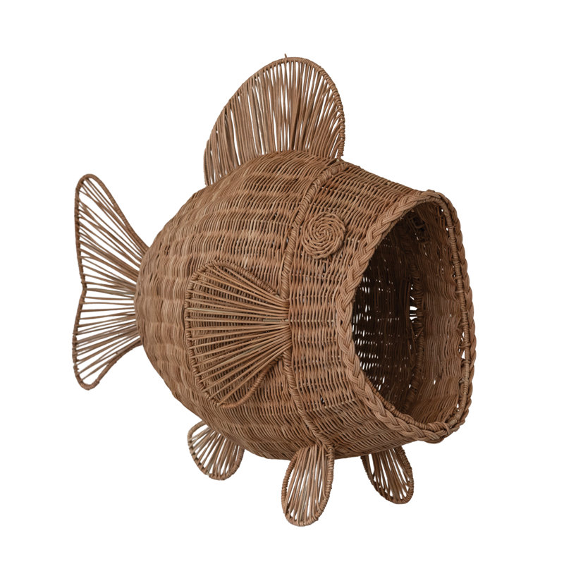 Hand-Woven Rattan & Metal Fish Container