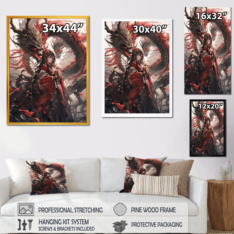 Red Princesse dragon I - femme asiatique, Toile tendue, H 44 po x l 34 po