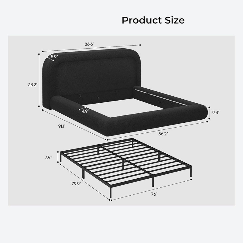 Très grand lit Cloud avec tête de lit de 5,9 po, lit plateforme tapissier avec arrondi incurvé pour les jeunes adultes, les familles d'enfants et d'animaux de compagnie, coussin en mousse de 5 pouces, sans sommier, assemblage facile de 15 minutes, crè