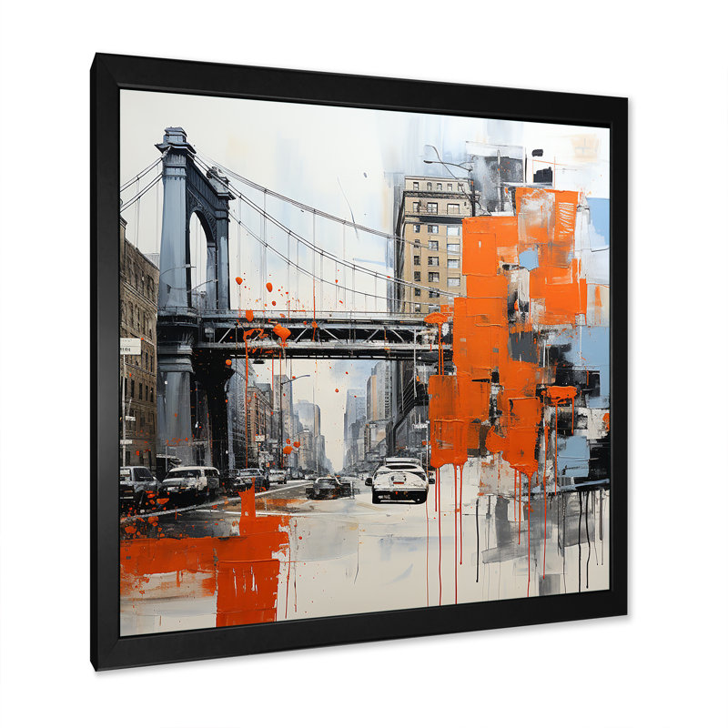 Bleu et orange Pop Art Boston Cityscape - art mural côtier, H 16 po x l 16 po x P 1 po, Cadre simple noir