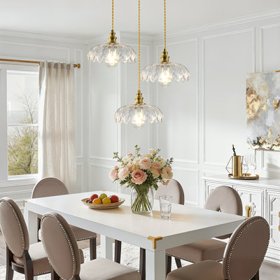 Junathean 3 - Light Wide Gold Dome Pendant with Petal Glass Lampshade with Cord