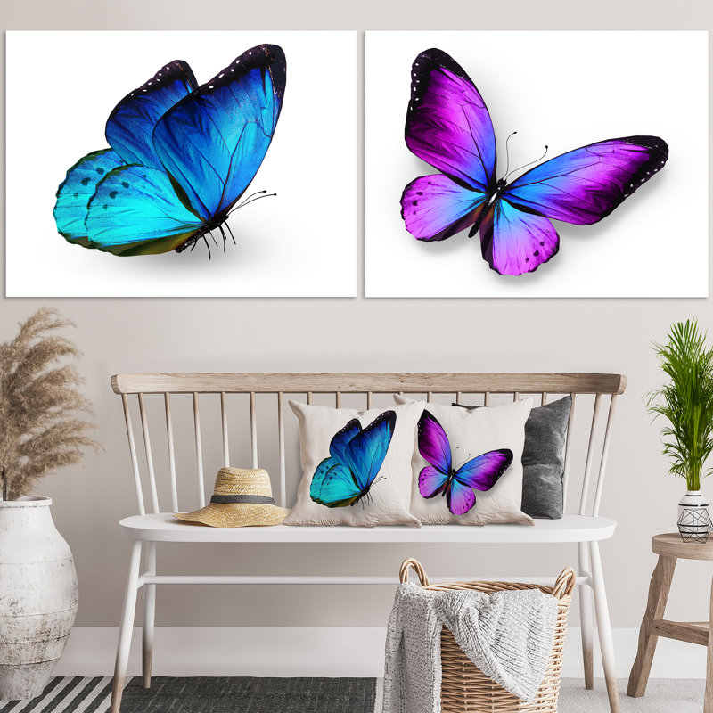 Violet et bleu papillon - ensemble de 2 peintures sur toile tendue, H 30 po x l 80 po x P 1,5 po