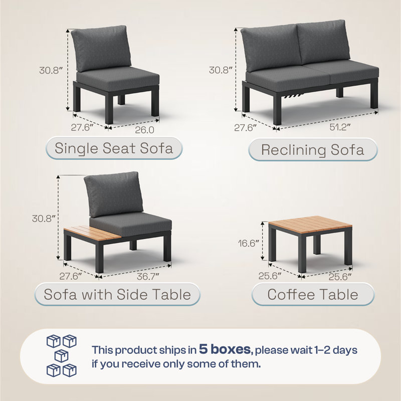 Ensemble de conversation modulaire en aluminium 7 pièces pour patio avec canapé inclinable 10 positions, coussins et table basse