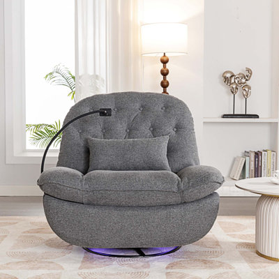 Fauteuil inclinable électrique pivotant de 270 degrés avec commande vocale, lecteur de musique Bluetooth, ports USB, lampe d'ambiance, rangement pour bras cachés et support pour téléphone portable