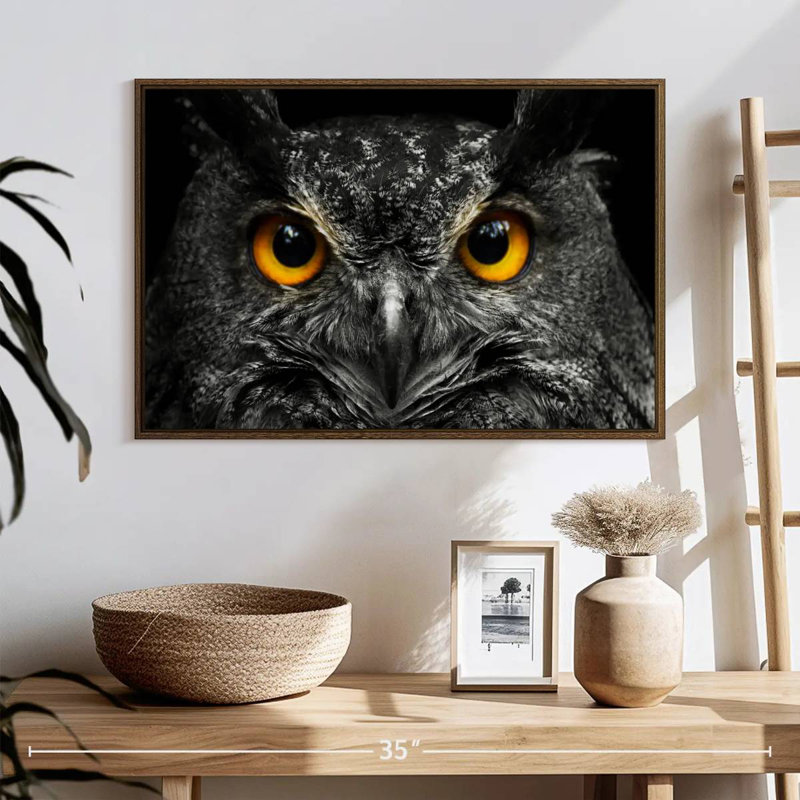 Hibou jaune, 25 po x 17 po, Cadre flottant en noyer