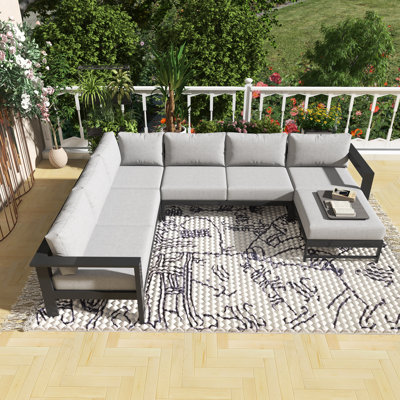 U-Shaped Outdoor Sectional Sofa Set, Thick Cushions, 5-6 Seat, Heavy-Duty Iron Frame, All Weather For Backyard, Garden, Poolside
