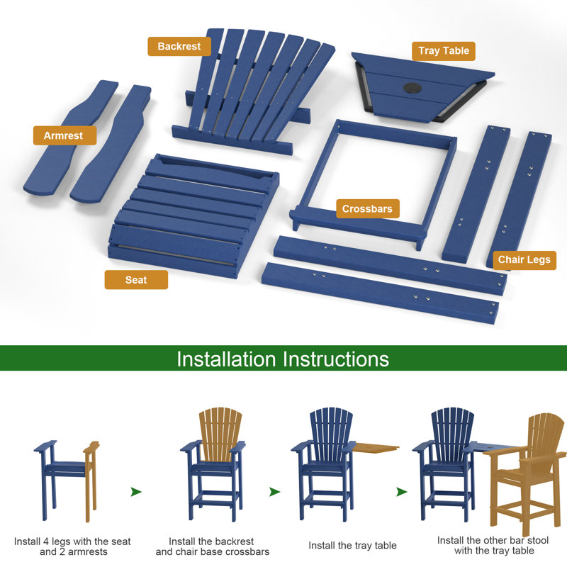 Outdoor Bar Stools Set of 2, HDPE Patio Bar Height Adirondack Chairs,Tall Barstools with Footrest for Kitchen,Poolside,Backyard,Garden (Tall Navy Blue)