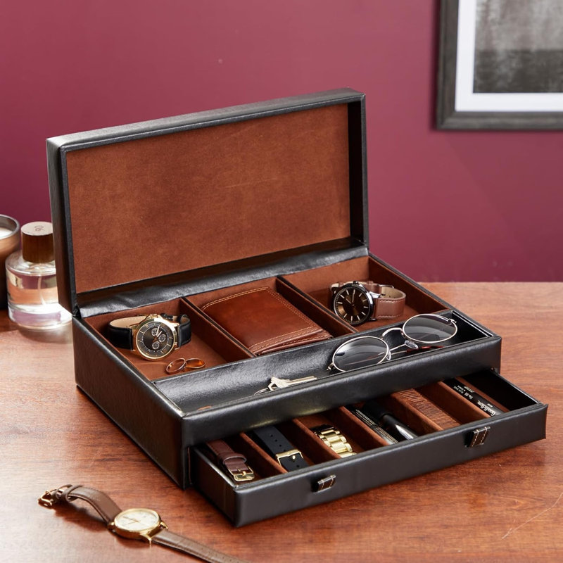Black Watch Box With Leather Valet Tray