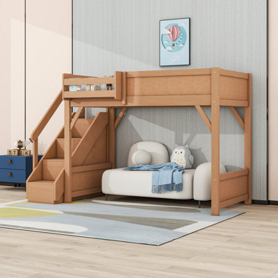 Space-Saving Wooden Loft Bed with Open Wardrobe and Staircase