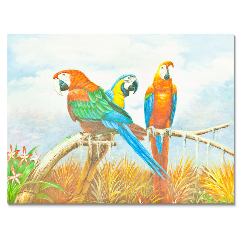 Perroquet Ara coloré - reproduction sur toile, H 8 po x l 12 po x P 1 po, Toile tendue