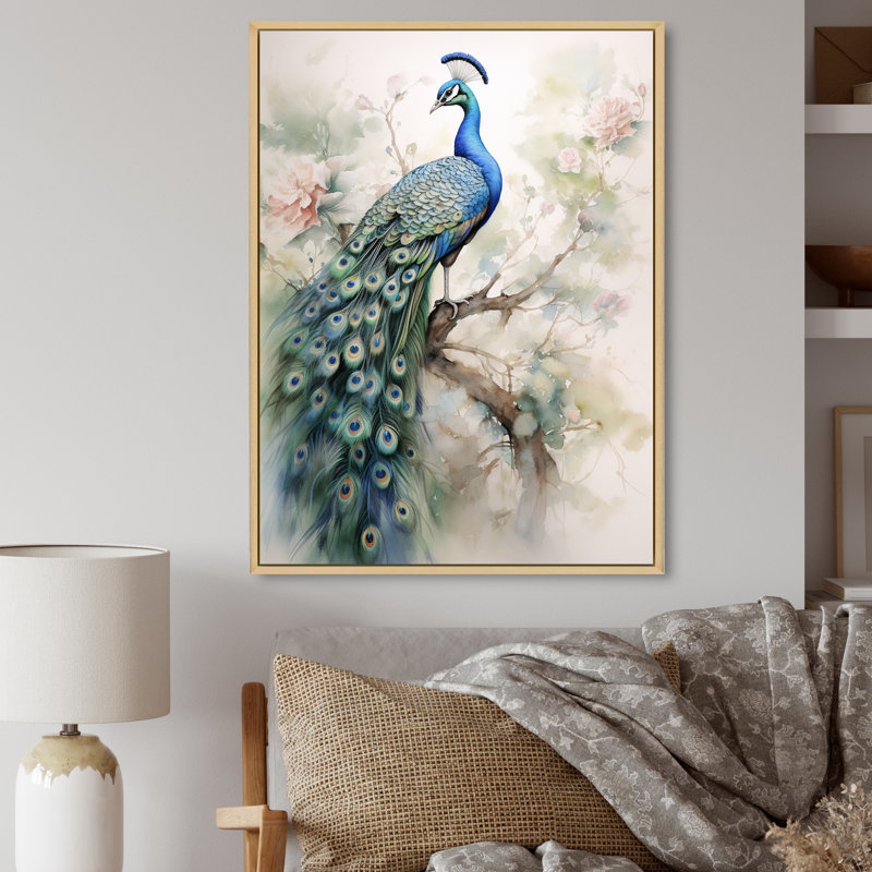 Baldassarre bleu encre délavée paon II - paon grand art mural, H 40 po x l 30 po, Cadre naturel flottant
