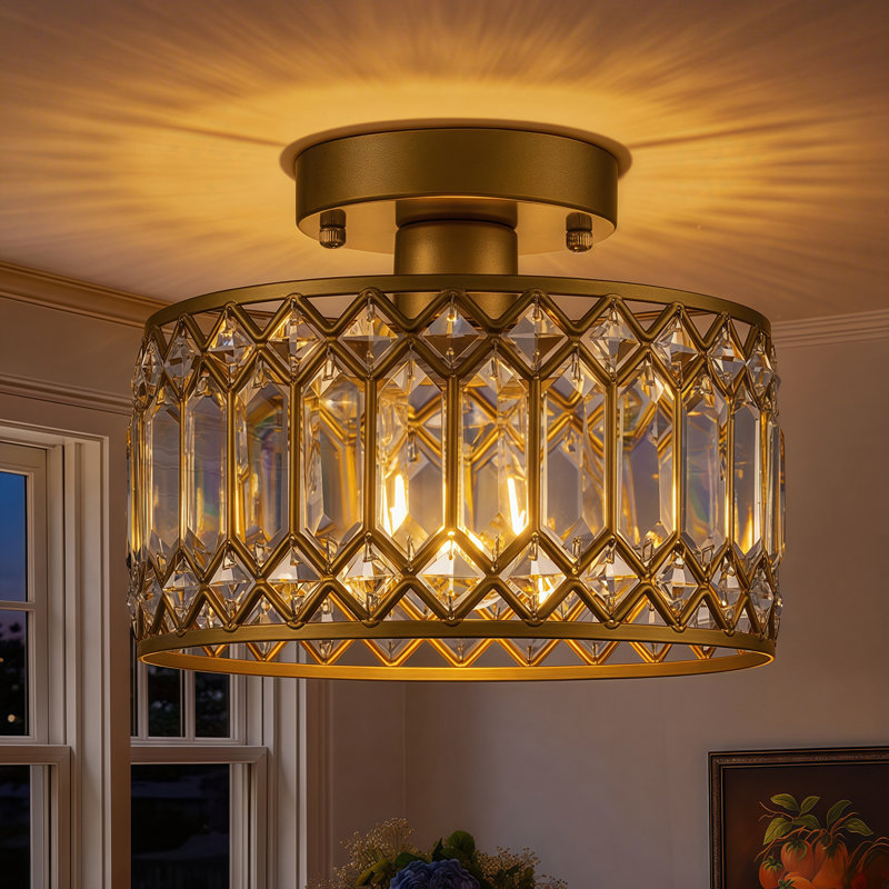 Luxury Crystal Drum Semi Flush Mount Light, Gold, 9" Width