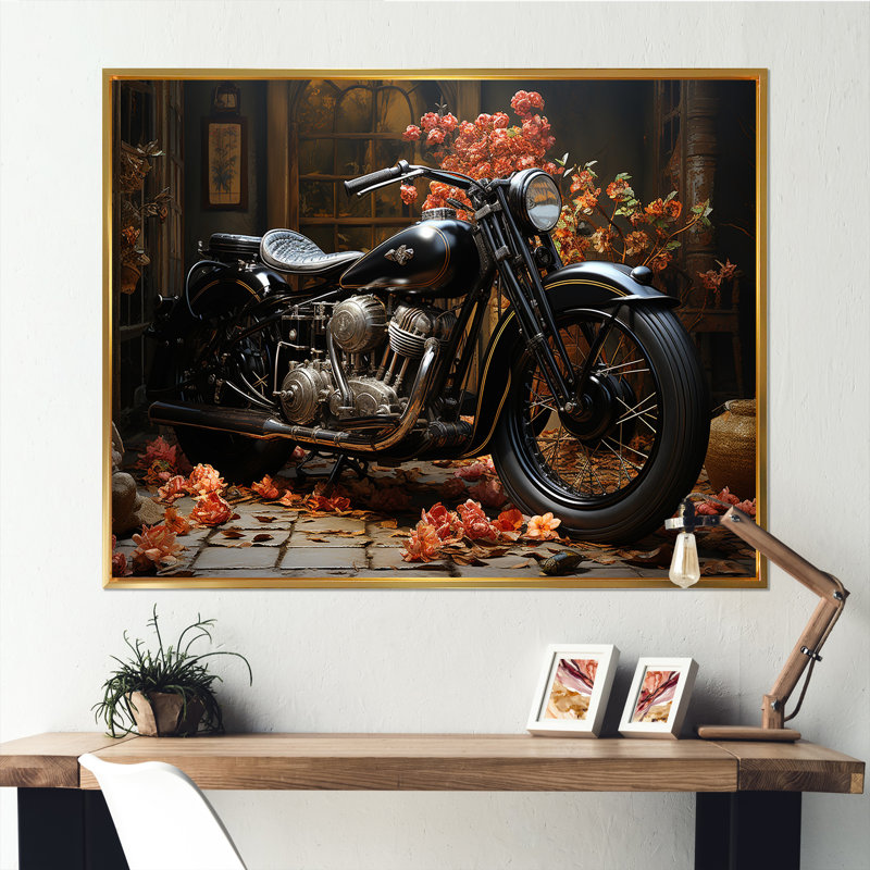 Noir mystère de la moto, Cadre flottant doré, H 30 po x l 40 po x P 1,5 po