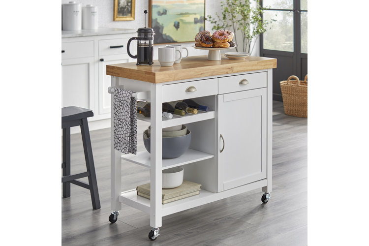 Behling Solid Butcher Block Kitchen Island with Baskets and Storage Shelf