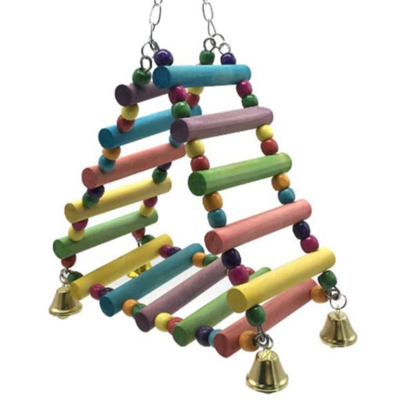 Échelle de perroquet, échelle de balançoire, perchoir suspendu en bois multicolore avec clochettes, cage à oiseaux, jouet d'exercice pour perruches, cockatiels, conures