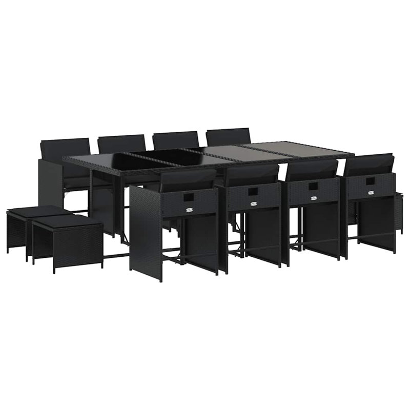 13 Piece Garden Dining Set with Cushions Poly Rattan, Black, Black