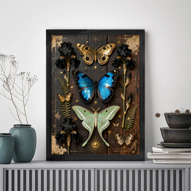 Black Framed Gothic Butterfly & Floral Wall Art, Vintage Dark Whimsical Frame Print, 25" H x 17" W