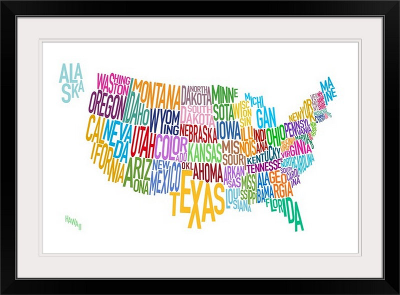 Art textuel de Francy, «Map of USA State noms» par Abarca, H 20 po x l 26 po x P 1 po, Cadre noir
