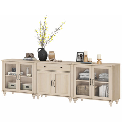 Sideboard Buffet Cabinets With 4 Glass Doors And A Drawer, Farmhouse Wood Large Sideboard Credenza For Dining Room, Modern Ample Storage Cabinet For Living Room, Beige, 102 Inch