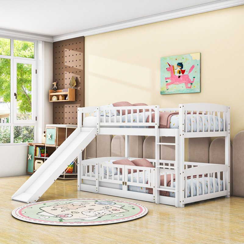 Wood Bunk Bed With Slide And Guardrails, Twin Over Twin, White
