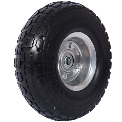 Heavy-Duty Flat-Free PU Foam Tire and Wheel - 4.10/3.50-4", 10" Diameter, 5/8" Axle Bore Hole, 2.2" Offset Hub, Double Sealed Bearings, Rubber Material, Black with Silver Rim, Hand Trucks Replacement