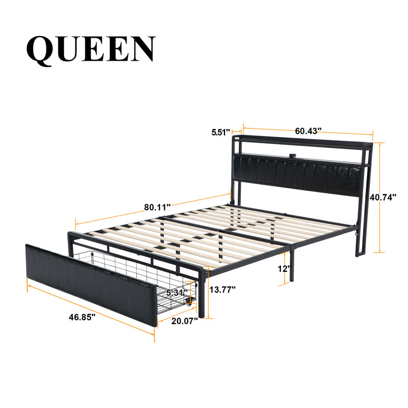 Bed Frame with Smart RGB LED and Side Sensor Lights, Large Drawers, Headboard with Charging Station, Queen