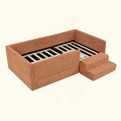 Safe Cozy Multi-Functional Kids Bed with Guardrails and Storage, Bed with Safety Step Stool, Boucle Fabric
