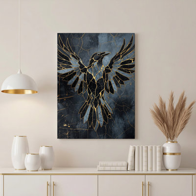 «Gallery Wrap», art mural sur toile pour le salon, la chambre à coucher, le bureau ou le vestibule - décoration murale décorative avec corbeau doré