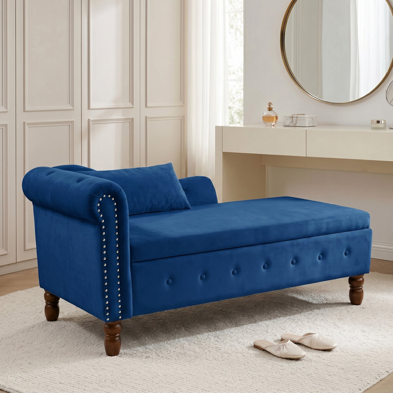 Modern And Comfy Style Chaise Lounge With A Pillow, For Indoor Use, Velours bleu marine