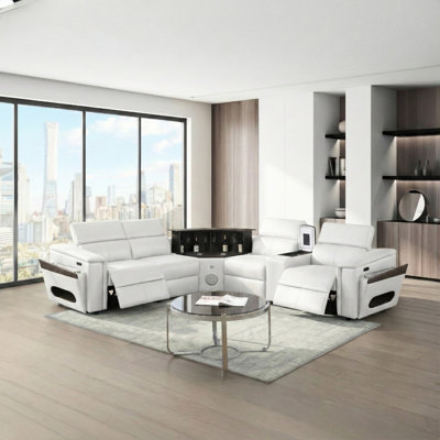 Canapé modulaire blanc moderne, 4 sièges, revêtement en similicuir, 2 appuis-tête à réglage électrique, 2 réglages manuels, coussin de recharge sans fil, charge, haut-parleur, barre à DEL, rangement, console de congélateur en option avec accoudoirs ou