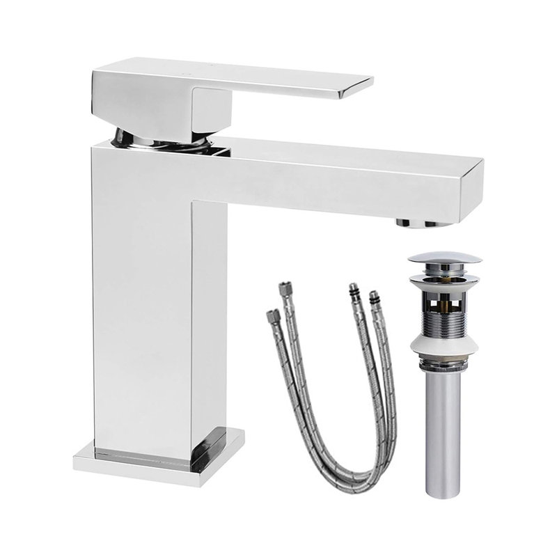 Robinet de salle de bain à poignée simple avec drain escamotable et tuyaux d'alimentation en eau, Chrome
