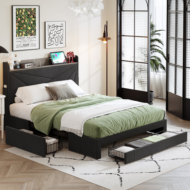 Bed Frame with Headboard, Farmhouses Platform Bed Frame with 3 Storage Drawers and USB Port for Home, Hotel, Guesthouse, Gray