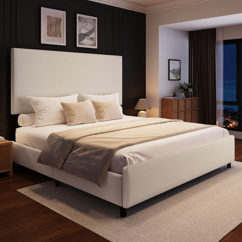 Upholstered Platform Bed With Modern Panel Headboard, Beige, Queen