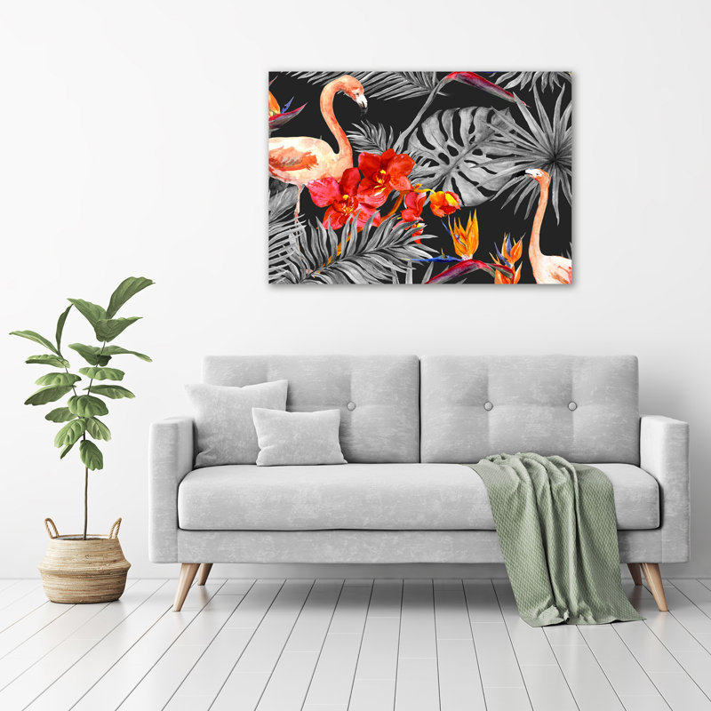 Flamingos And Flowers - Wrapped Canvas Print