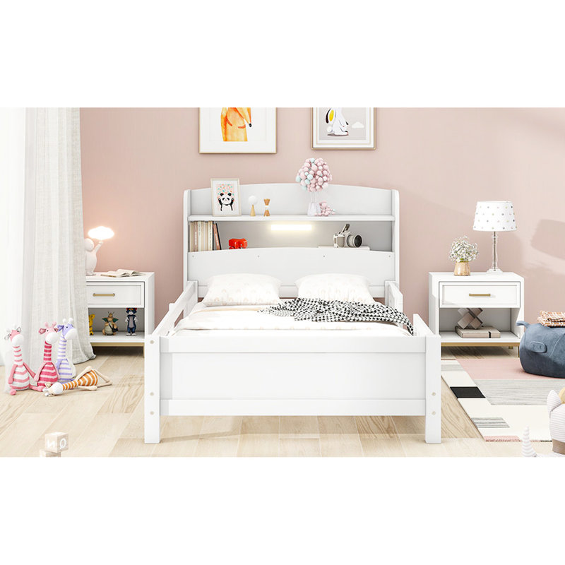 Lit plateforme simple blanc avec rangement à DEL, tête de lit et garde-corps intégrés - Répondez à vos besoins de confort