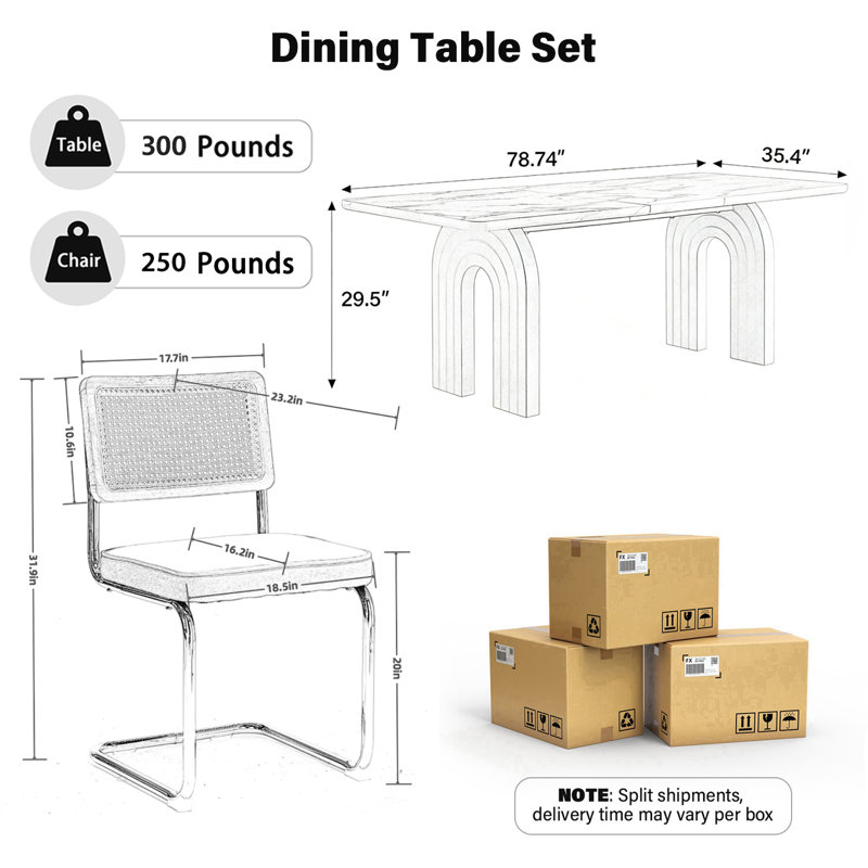 Ensemble de table de salle à manger rectangulaire moderne de 78 pouces à double piétement pour 6 à 8 personnes avec chaises de salle à manger rembourrées