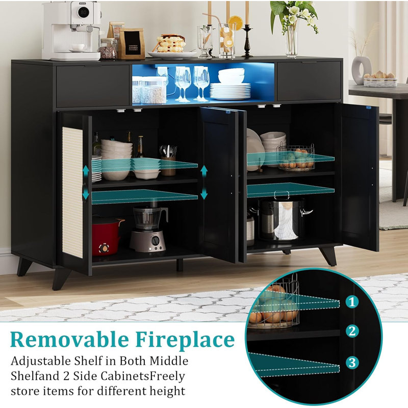 Rattan Sideboard Buffet Cabinet With 4 Doors 2 Drawers Built In Power Outlet Usb Ports Adjustable Shelves Anti Tip Kit Black For Kitchen Dining Room Living Room Hallway