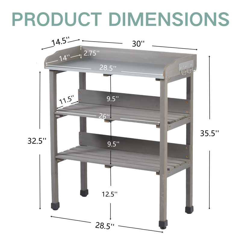 30.5 Inch Potting Bench Solid Wood, 3 Tier Metal Top Workstation With Hooks And Adjustable Feet For Garage