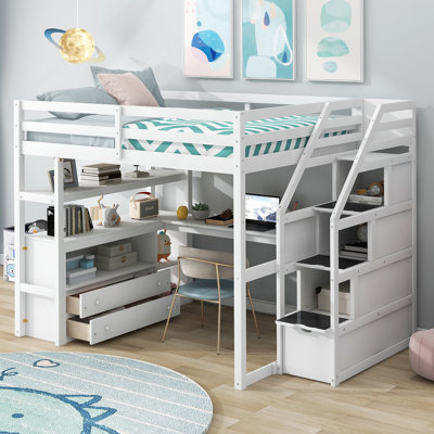 Loft Bed With Desk And Shelvestwo Built-In Drawersstorage Staircase