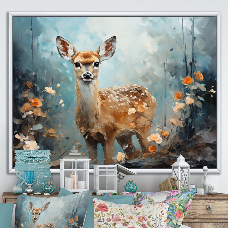 Art sur toile, "Deer Graceful Fawn Collage III", 30" H x 40" W, Cadre flottant blanc