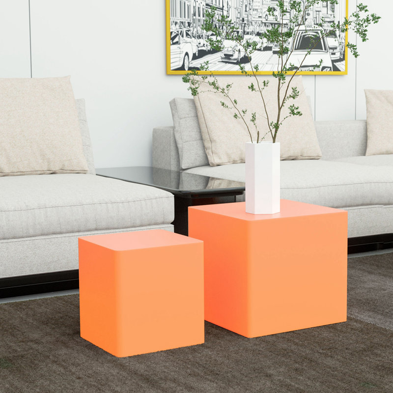  Table de bout avec table gigogne et plateau de chevet Meghal, H 14,82 po x l 15,6 po x P 15,6 po, Orange