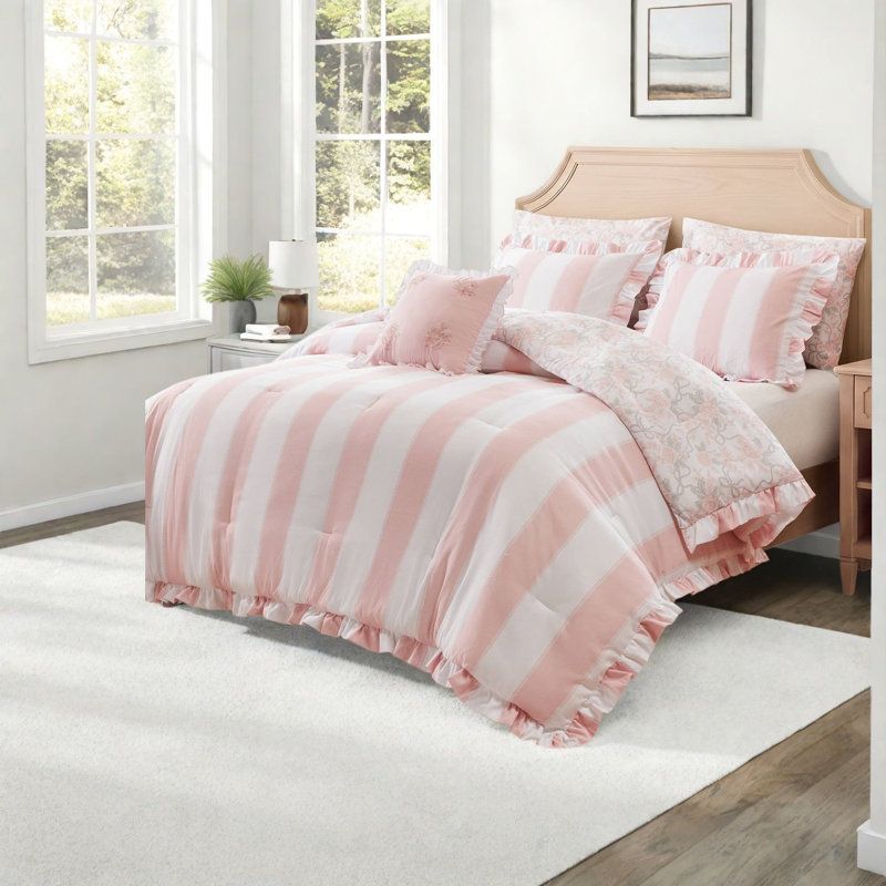 Ensemble de literie pour lit simple et simple XL, couette à volants en microfibre rose, chambre à coucher à motif toile de Jouy