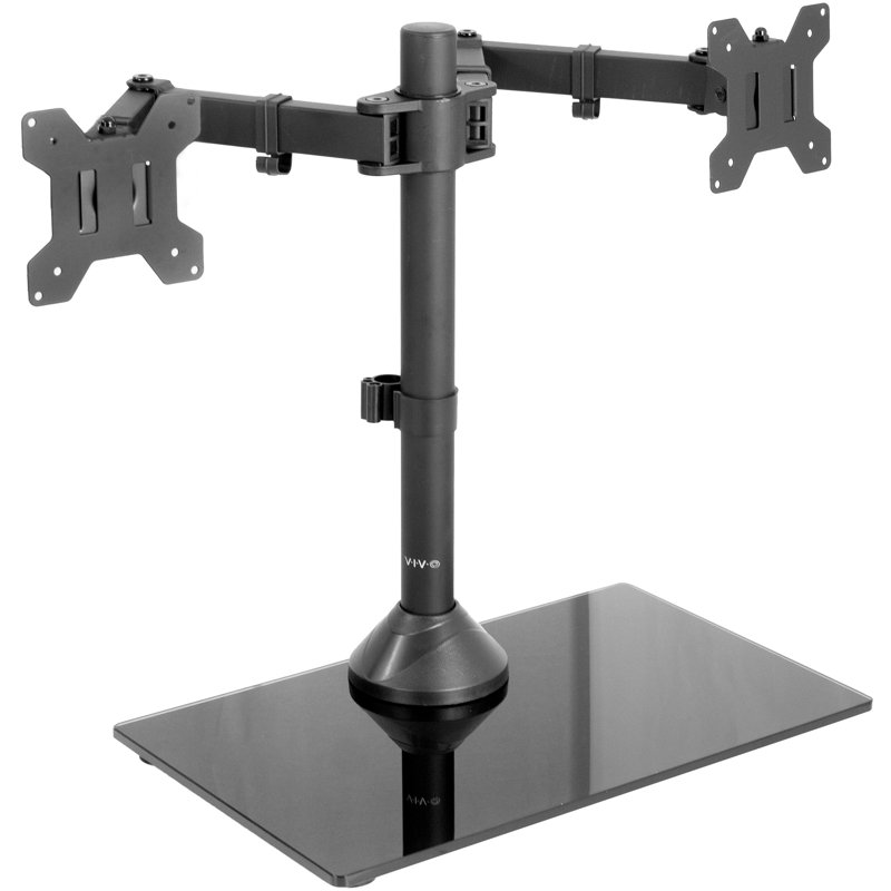 Black Dual Monitor Stand with Tempered Glass Base and Adjustable Arms