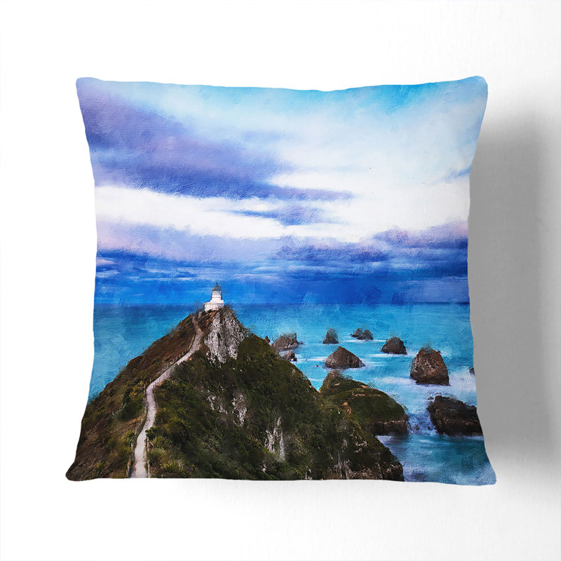 Lighthouse and Seascape New Zealand Painting Cushion with Filling, 40cm H x 40cm W x 15cm D, Black