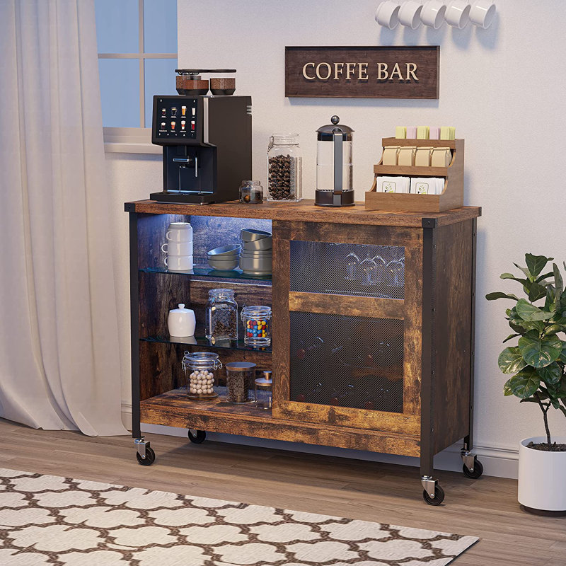 Armoire de bar à DEL avec roues pour la maison, Brun rustique