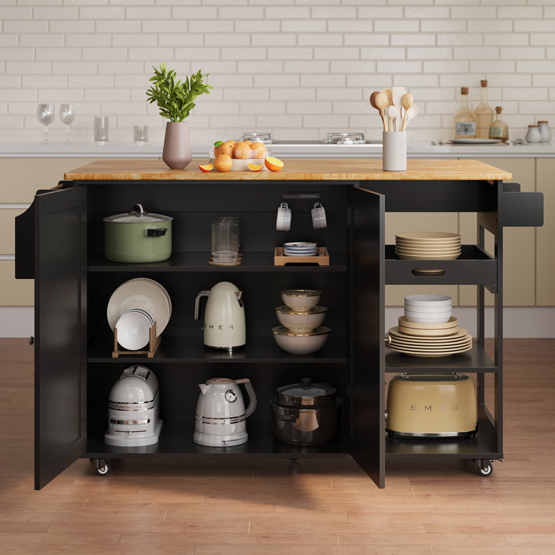 Îlot de cuisine en bois avec abattant, 2 tablettes, 2 portes, porte-serviettes et porte-épices pour la cuisine, la salle à manger ou le salon