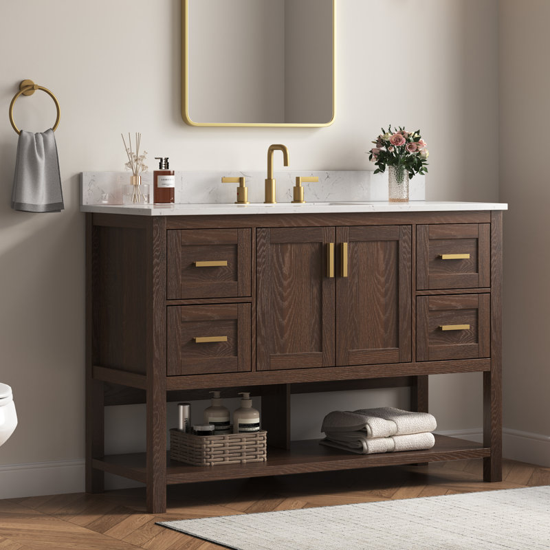 Aastha 49" Freestanding Walnut Bathroom Vanity With Single Sink & Engineered Stone Top, 49"