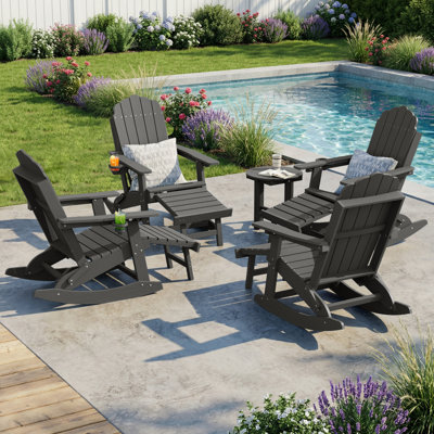 All-Weather HDPE Folding Adirondack Rocking Chair with Retractable Ottoman, 3-Position Adjustable Outdoor Rocking Chair for Patio, Gargen, Deck